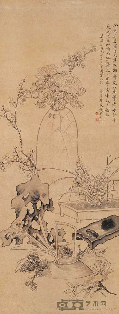 钱杜 癸酉（1813年）作 岁朝清供图 立轴 75×30cm